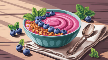 Delicious Blueberry Smoothie Bowl Art Illustration Featuring Fresh Fruit and Granola on a Wooden Table with Silver Spoon