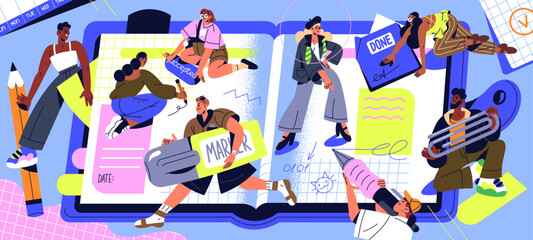 Plakat Concept of work planning. Organization of teamwork, time management. Team writes tasks, goals, aims in notebook together. Tiny people are making agenda, schedule, timetable. Flat vector illustration