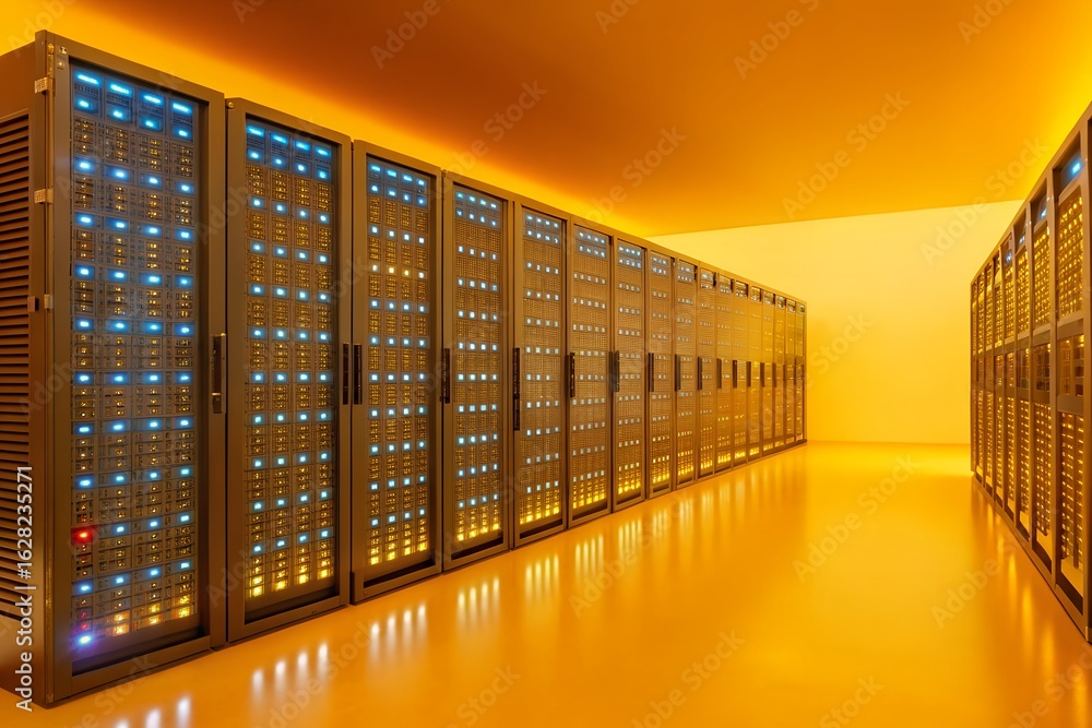 Poster rows of illuminated server racks in a warm orange data center