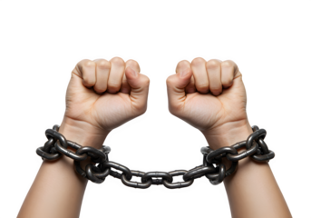 Two clenched fists connected by a dark metal chain showing strength and bondage, isolated on white or transparent background. PNG
