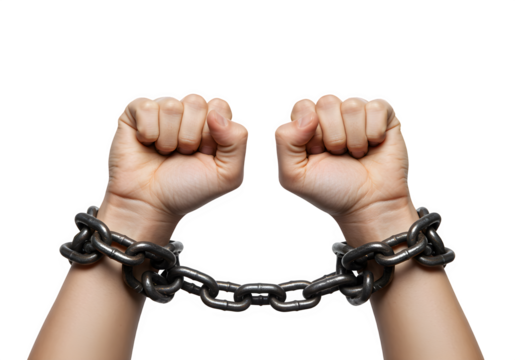 Two clenched fists connected by a dark metal chain showing strength and bondage, isolated on white or transparent background. PNG
