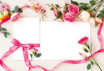 Obraz premium Elegant wedding stationery mockup with floral arrangements and ribbons, floral, lace