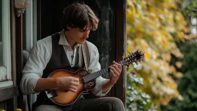 This footage captures a young musician joyfully playing the mandolin outdoors. It showcases the beauty of nature while promoting musical expression. Generative AI