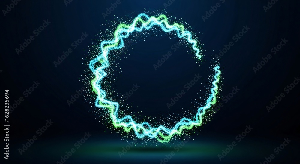Poster abstract blue and green glowing particle wave forming a circular shape on a dark background.