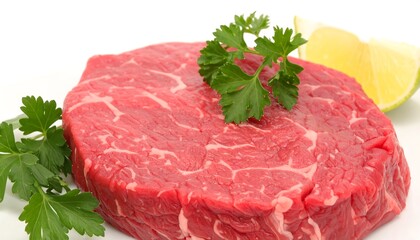 Fresh Raw Steak with Parsley and Lemon Slice on White Background