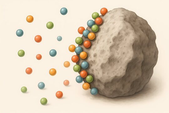Colorful particles adhering to a porous solid surface, visually explaining the concept of adsorption in materials science and chemistry. Semi-realistic educational illustration.