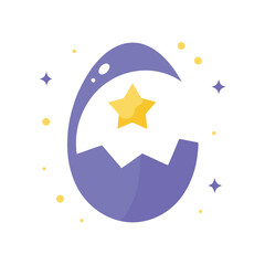 Cracked purple Easter egg with yellow star and sparkles broken eggshell