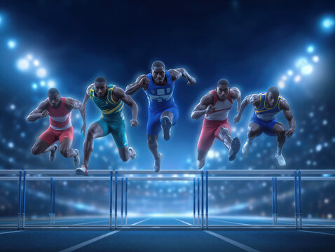 Group of diverse male athletes competing in a hurdle race, showcasing dynamic movement and athleticism, with a vibrant stadium atmosphere and bright lights enhancing the scene - Powered by Adobe
