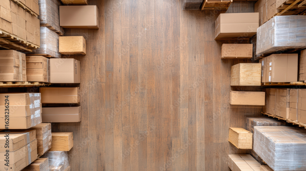 Poster overhead view of organized crates and boxes warehouse setting, showcasing efficient distribution
