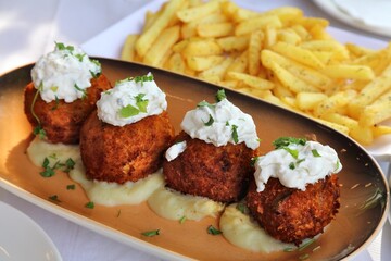 Moussaka flavor croquettes in Gjirokaster, Albania