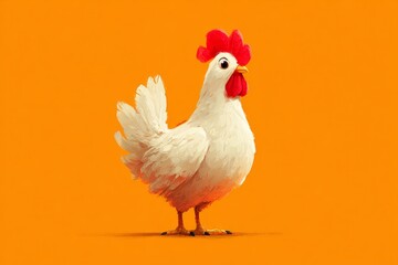 Full-body illustration of a white chicken standing against a vibrant orange backdrop, showcasing its detailed features and creating a striking visual contrast