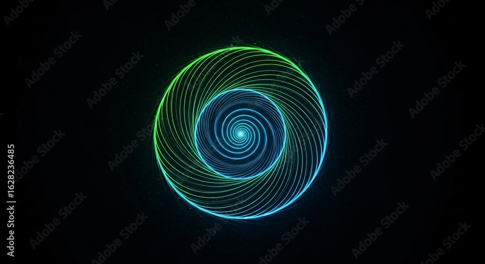 Aufkleber luminous blue and green spiral lines creating an abstract vortex on a dark background.