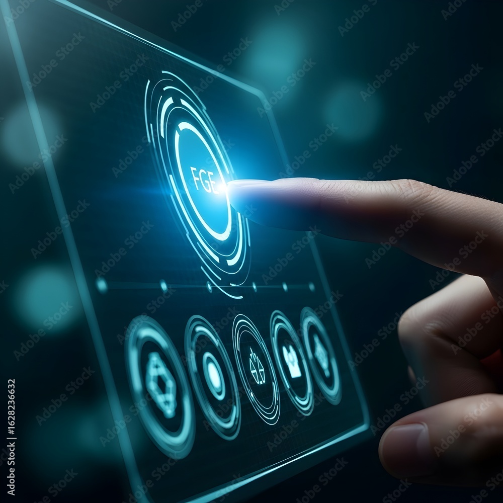 Poster finger presses glowing digital interface on futuristic touch screen with abstract circular elements