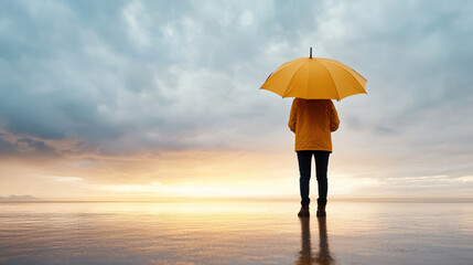 Person stands with yellow umbrella against dramatic cloudy sky, reflecting on serene ocean