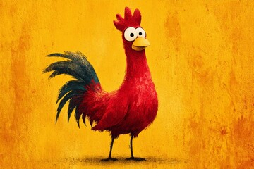 Cartoon rooster with vibrant red plumage and expressive eyes, set against a textured yellow backdrop, creating a striking visual