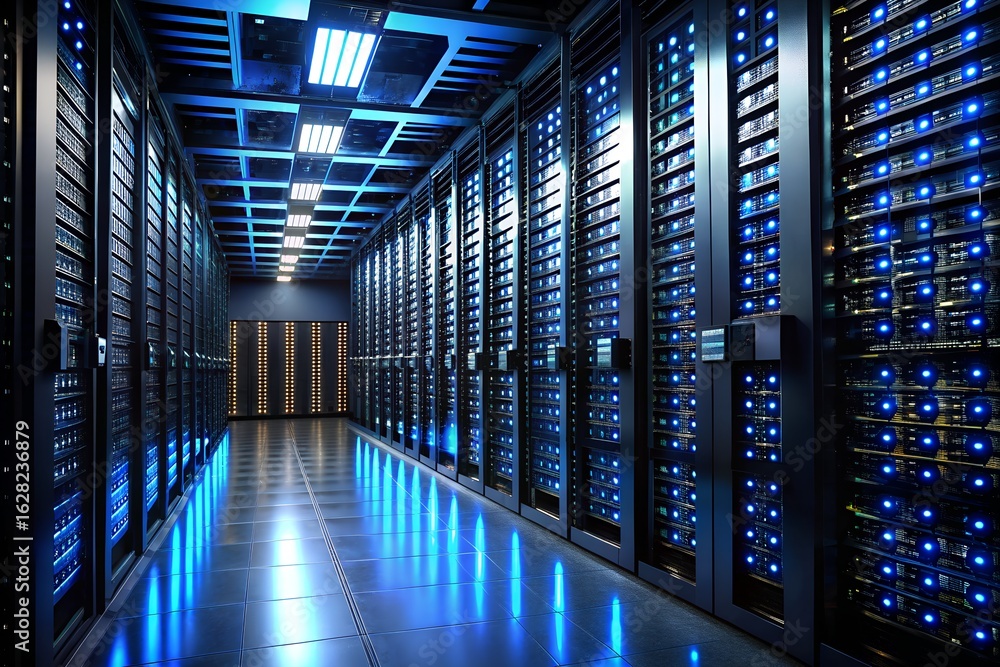 Poster illuminated server room with rows of blinking computer racks