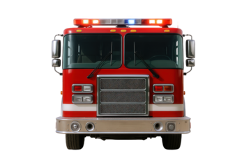 Front view of a red fire engine with flashing emergency lights, symbolizing safety and rescue operations.