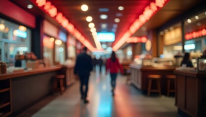 Blur or Defocus image of customer walk in market or shopping mall for use as Background Blurred beautiful design of the ceiling in the restaurant. Bright interior and lights. 