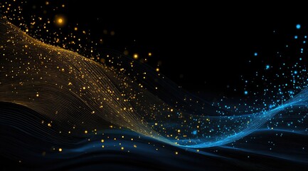 Abstract digital design with gold and blue flowing lines, dotted with glowing particles