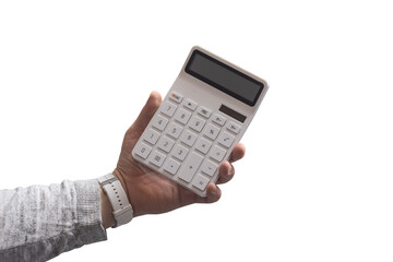 Male hand with smartwatch, is clearly holding a modern white calculator. Concept accounting,...