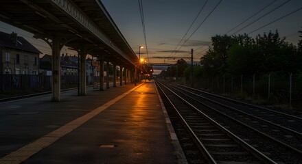 Atmospheric Evening Railway Station Platform With Reflective Wet Ground and Dramatic Sky at Dusk Perfect for Travel and Transportation Themes