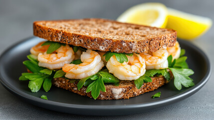 Shrimp sandwich on rye bread with fresh parsley and lemon slice, perfect for light meal