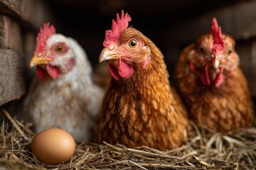Fototapeta premium Three hens are sitting on a nest with a freshly laid egg in a chicken coop