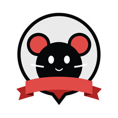 Cute cartoon mouse head with red ears and ribbon on white background rodent animal