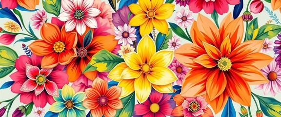 Vibrant gouache floral pattern, abstract blooms, bright colors,  illustration,  art