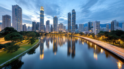 Naklejka premium City skyline reflections in river during blue hour create serene atmosphere