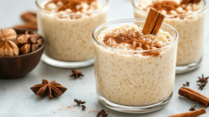 Creamy rice pudding topped with cinnamon and served in glass cups, garnished with spices