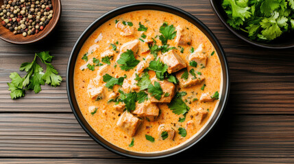 Creamy curry with tuna chunks, garnished with fresh cilantro, served in bowl