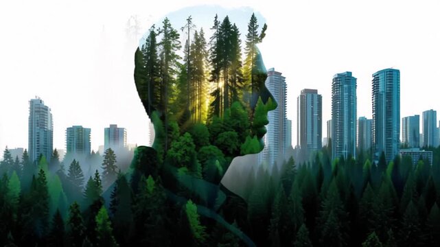 A double exposure image combining a silhouette of a person with a forest and a city skyline, illustrating nature and urban life.