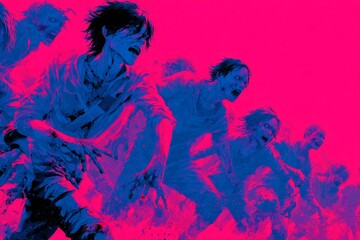 Aggressive decaying zombies running forward under a vibrant duotone sky
