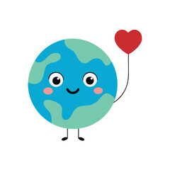 Cute cartoon planet Earth holding a red heart balloon globe world