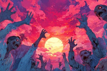 Undead creatures rising from their graves, reaching out with decaying hands under a dramatic, blood-red sky