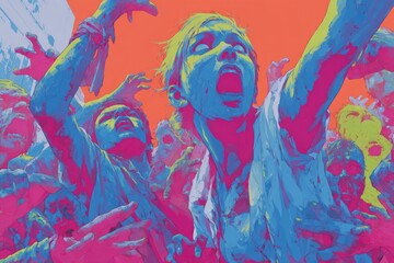 Pop art illustration of a horde of screaming zombies raising their arms against an orange background