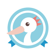 Cute cartoon stork bird head in a blue circle with ribbon animal