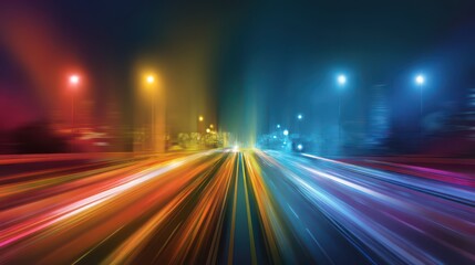 Obraz premium Rainbow highway with blurred cars at night, blurred background
