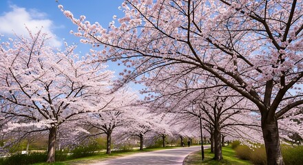 Beautiful Cherry Blossom Trees in Full Bloom Along a Park Path on a Sunny Spring Day