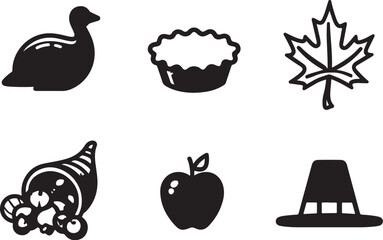 Thanksgiving icons set for holiday designs in black and white style