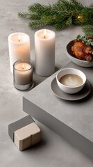 Cozy winter gathering with candles and delicious food on a modern table setting decorated for the holiday season
