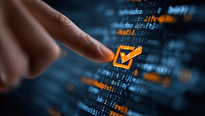 A finger points to a highlighted checkmark symbol within a complex code display on a screen