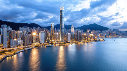 Obraz premium Stunning skyline view of skyscrapers reflecting on water at twilight, showcasing urban beauty