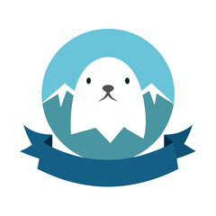 Cute Seal with Mountains and Blue Ribbon Banner animal cartoon