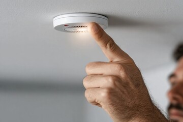 Close-up of a technician's hand testing a smoke detector mounted on a ceiling, ensuring safety and functionality