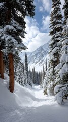 A wide ski slope down a snowy mountain