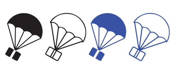 Parachute Delivery Icons. Black and Blue Variants in Solid and Outline Styles.