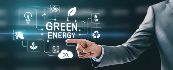 Green Energy Future: A forward-thinking individual interacts with an innovative digital interface, underscoring the promise of sustainability and eco-conscious technology for a brighter tomorrow.