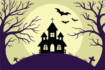 Spooky haunted house stands eerily beneath bats and a glowing moon with gnarled trees
